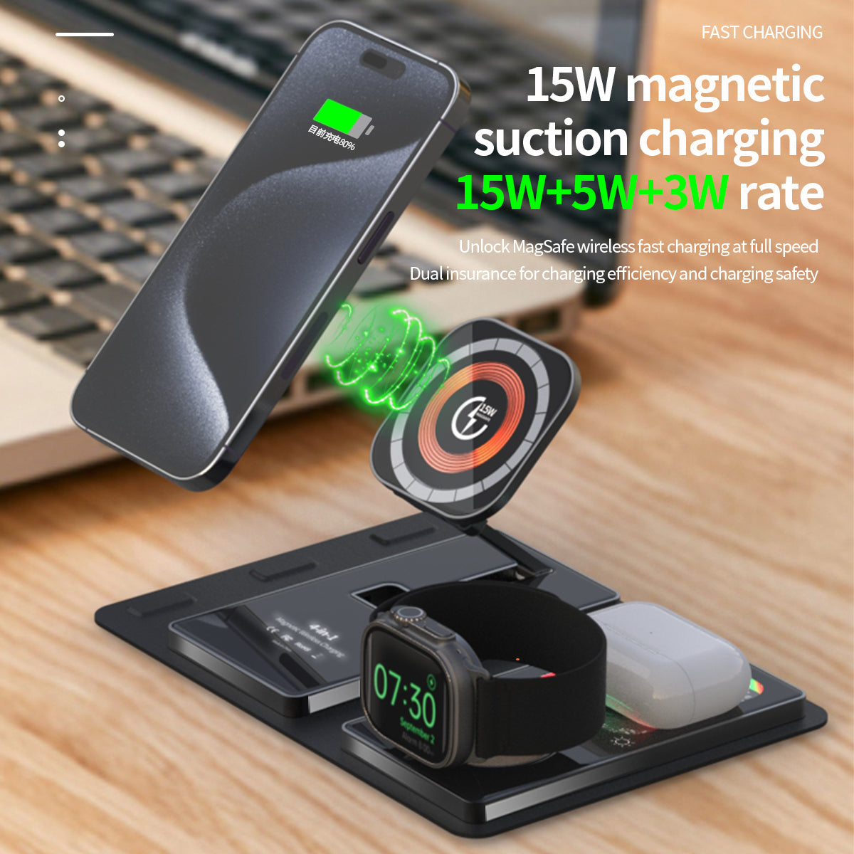 Ultra-Slim Transparent Foldable 15W MagSafe Compatible Wireless Charging Station